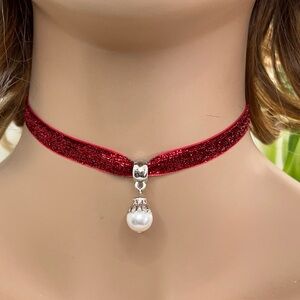 Handcrafted NEW never worn Red Velvet Choker Necklace Swarovski Pearl Pendant